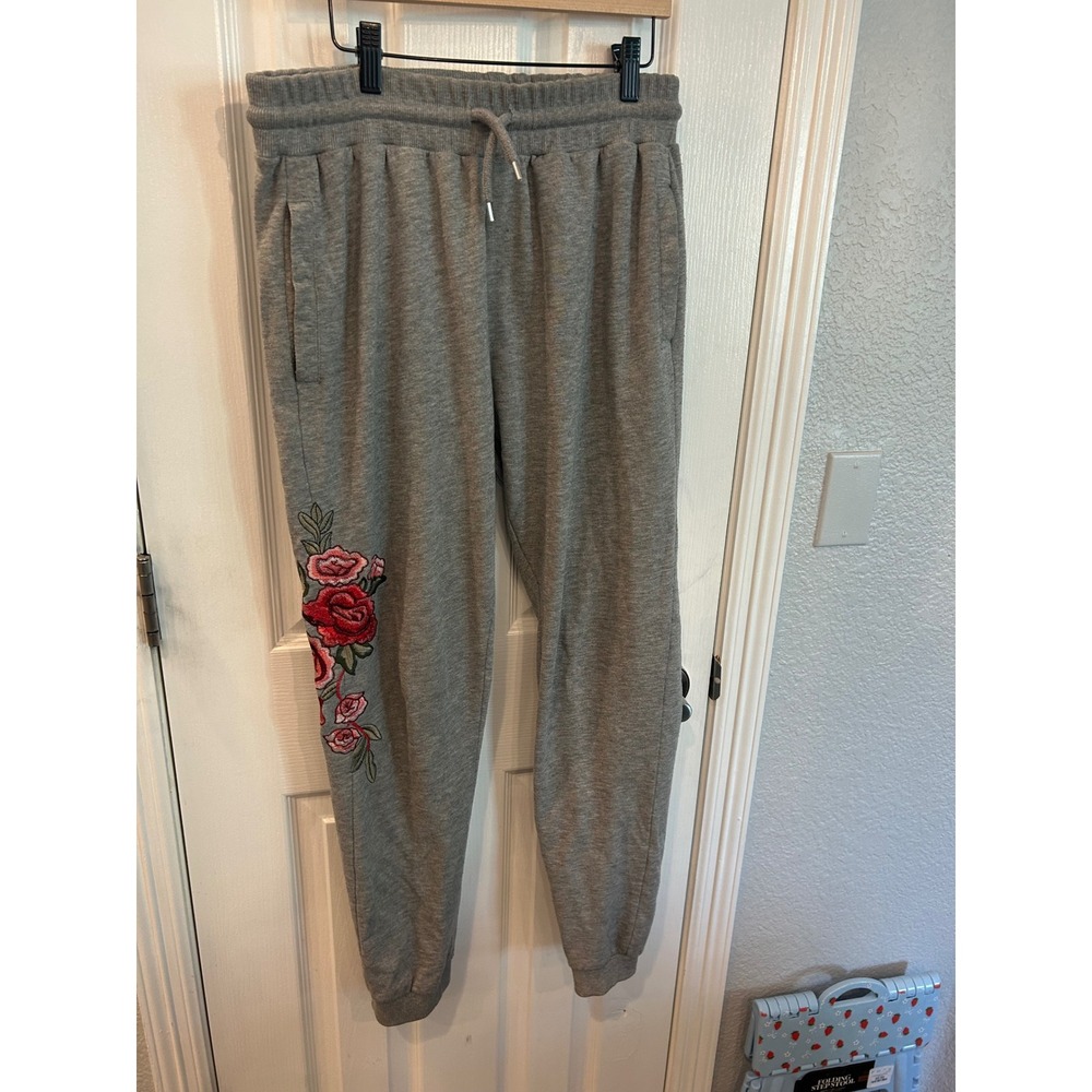 Topman Joggers Gray Floral Rose Embroidered Sweatpants Lounge Pants Mens Medium